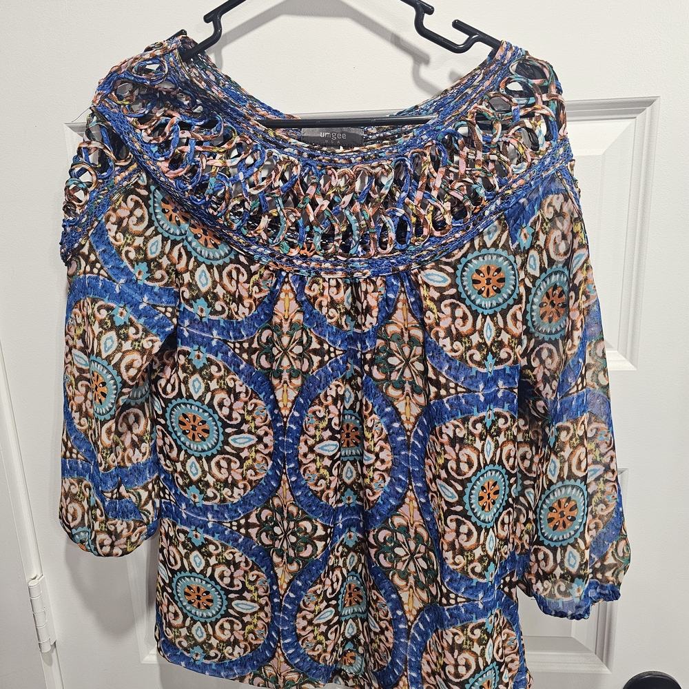 Umgee Boho Crochet Yoke Blouse in Blue, Teal and Tan
